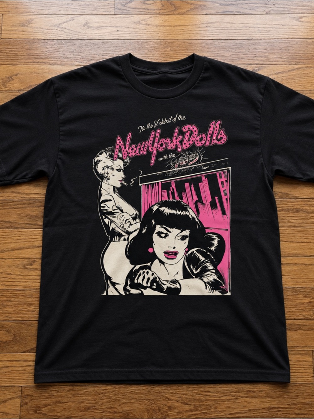 Gildan Black New York Dolls Graphic Tee with Pink and Cream Art
